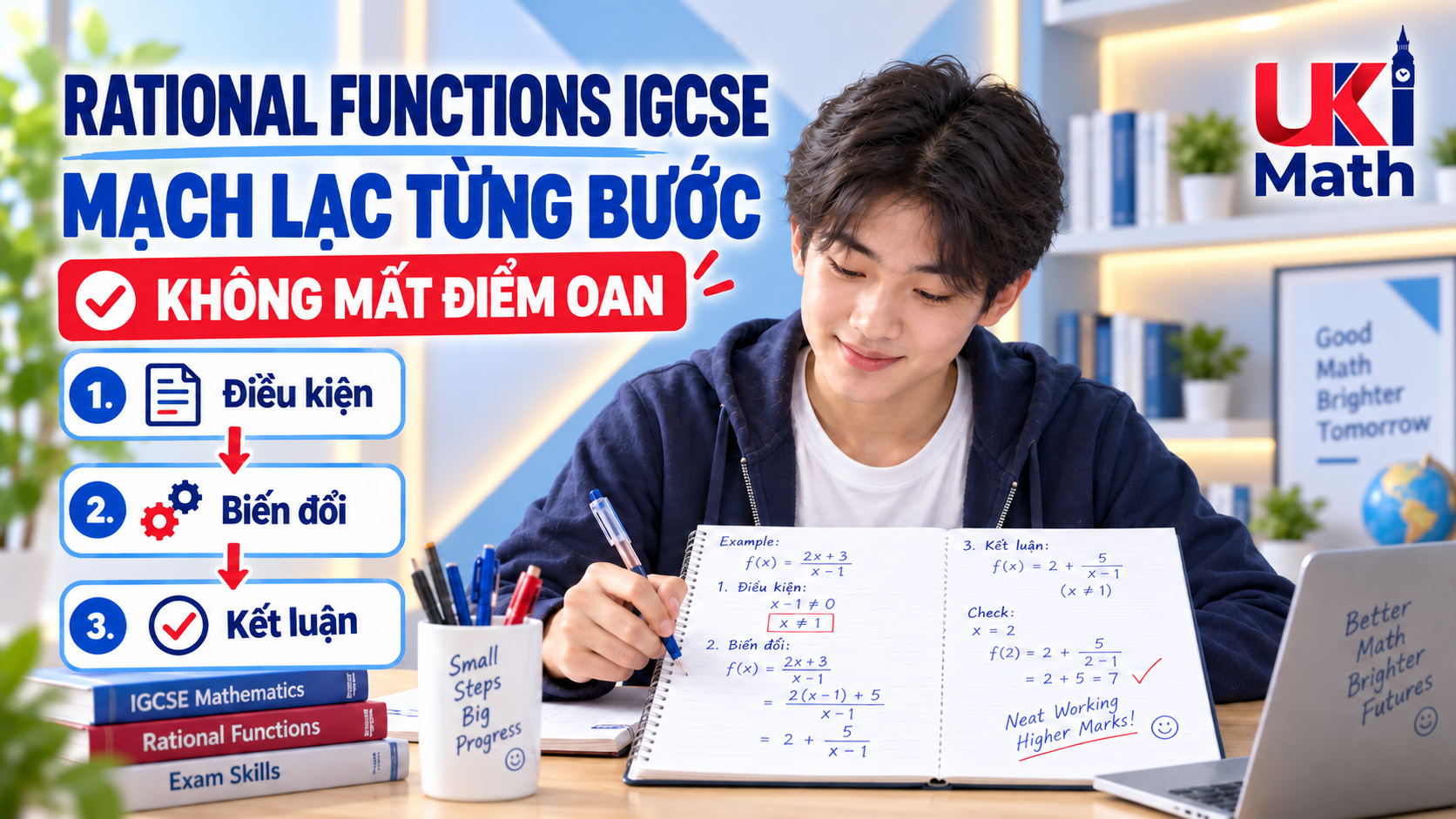 2. Trình bày lời giải Rational Functions IGCSE: mạch lạc từng bướcCon học Rational Functions IGCSE nhưng hay mất điểm vì trình bày lộn xộn? Uki Math chỉ cách ghi lời giải Rational Functions mạch lạc, đúng từng bước, không mất điểm oan.
